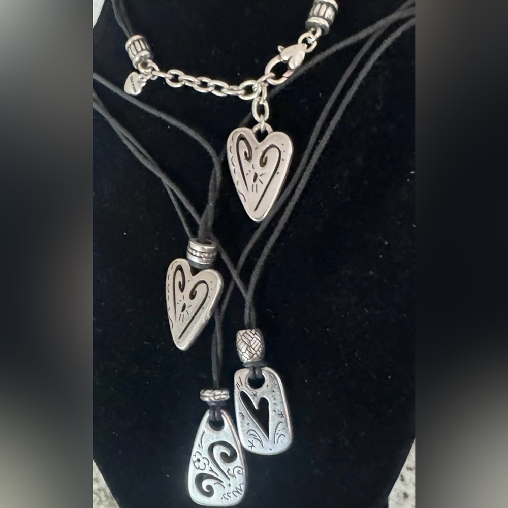 Brighton Brazilian Silver Triple Heart Black Cord Necklace Tiered Pendants